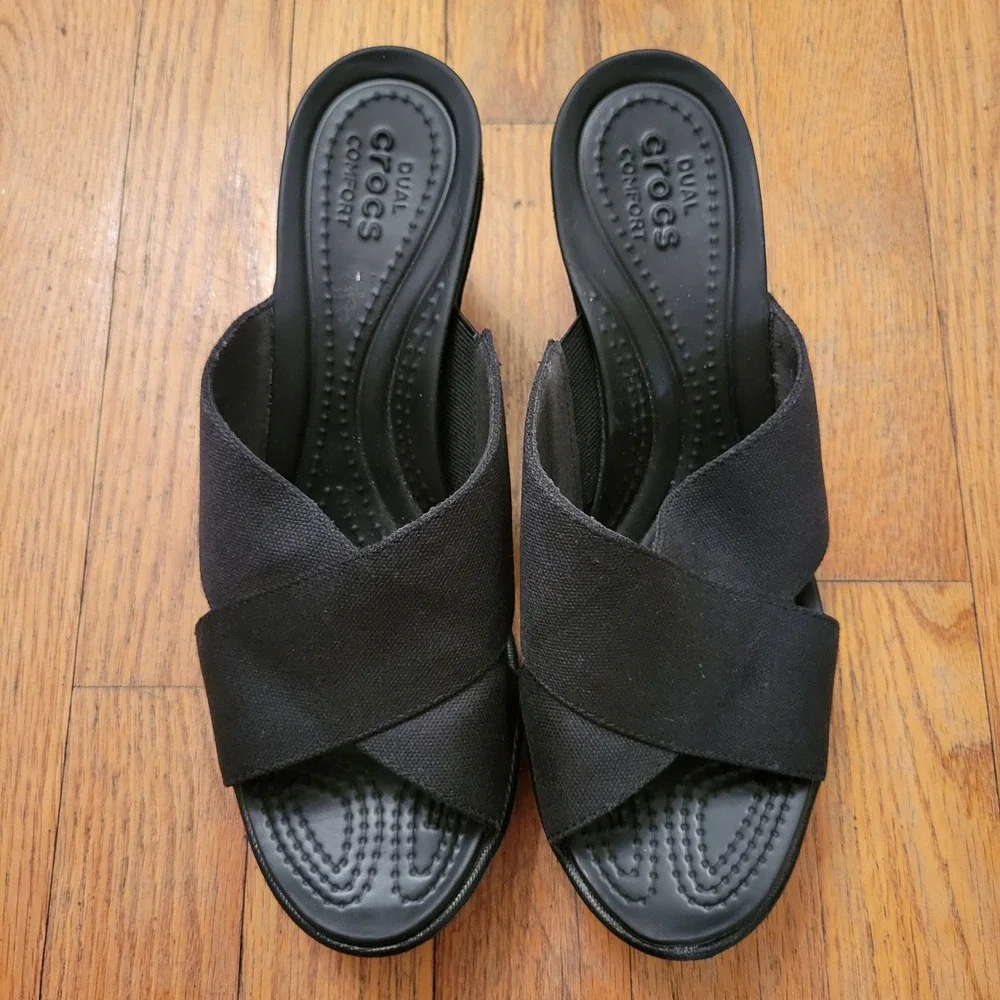 Crocs 8 High Wedge Slide Black Criss Cross Dual Comfort Leigh II XStrap Open Toe